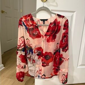 White House Black Market Floral Blouse in Red and Cream